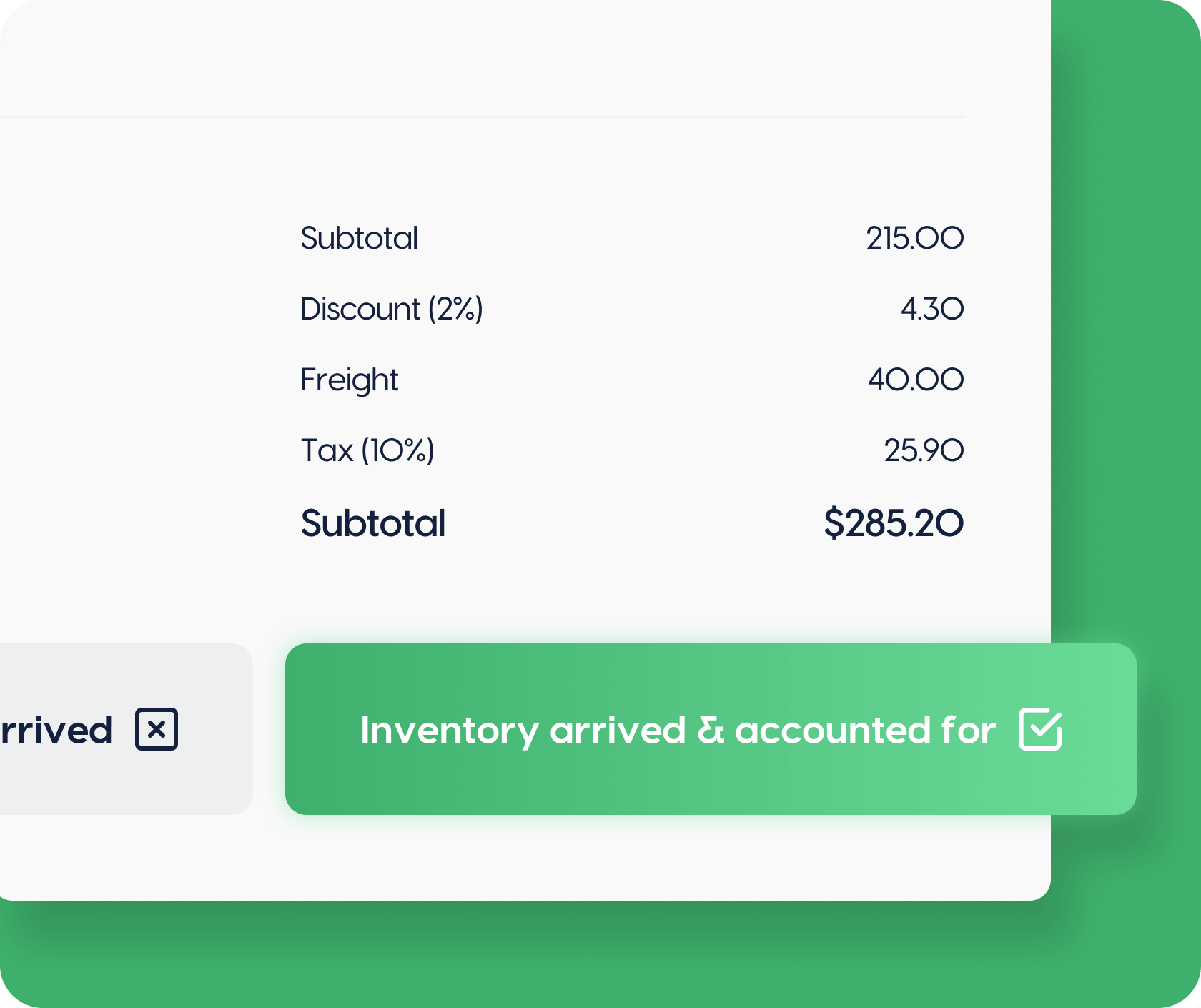 Purchase order summary showing subtotal, discounts, freight, tax and inventory status.