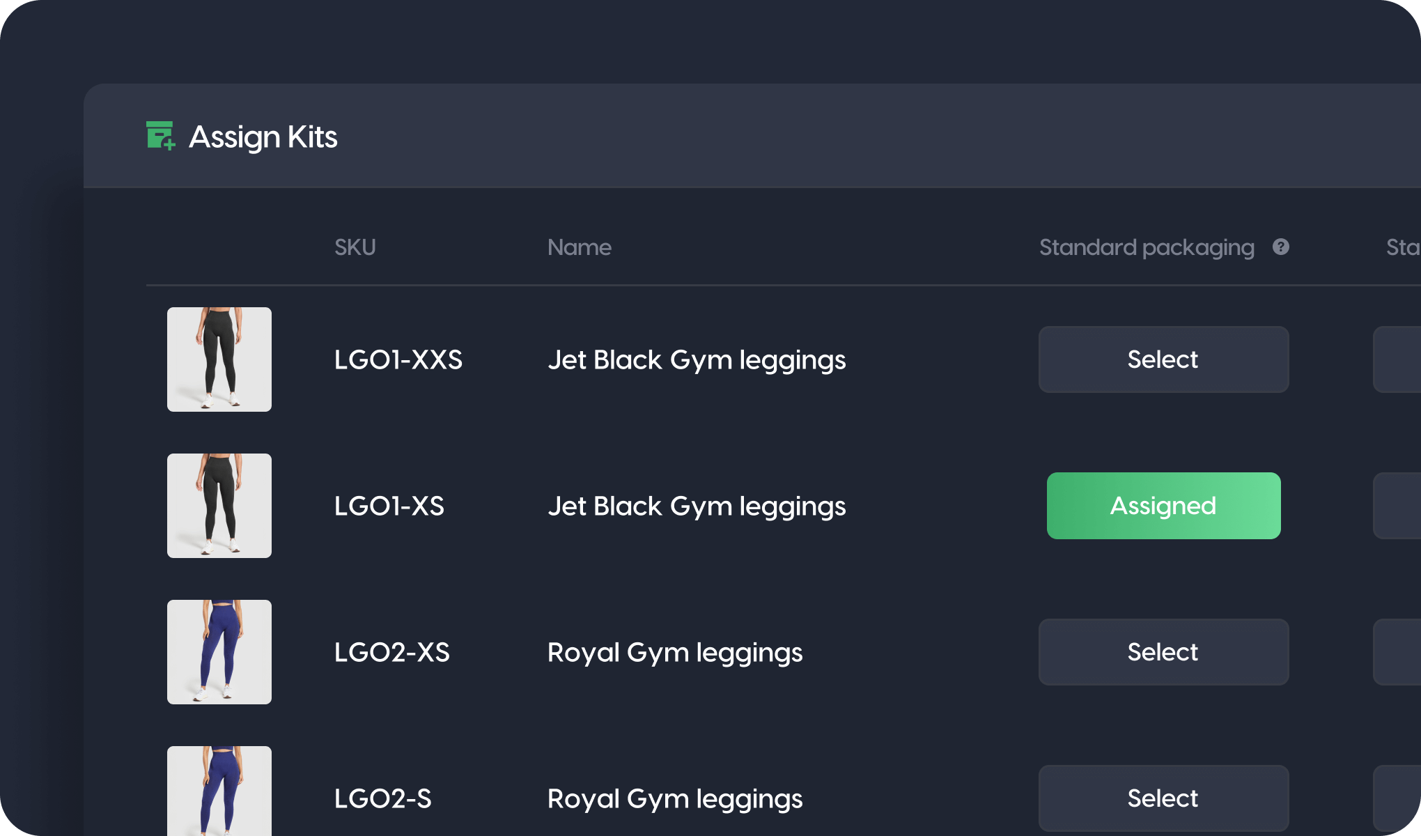 Product list interface showing leggings with options to assign packaging kits