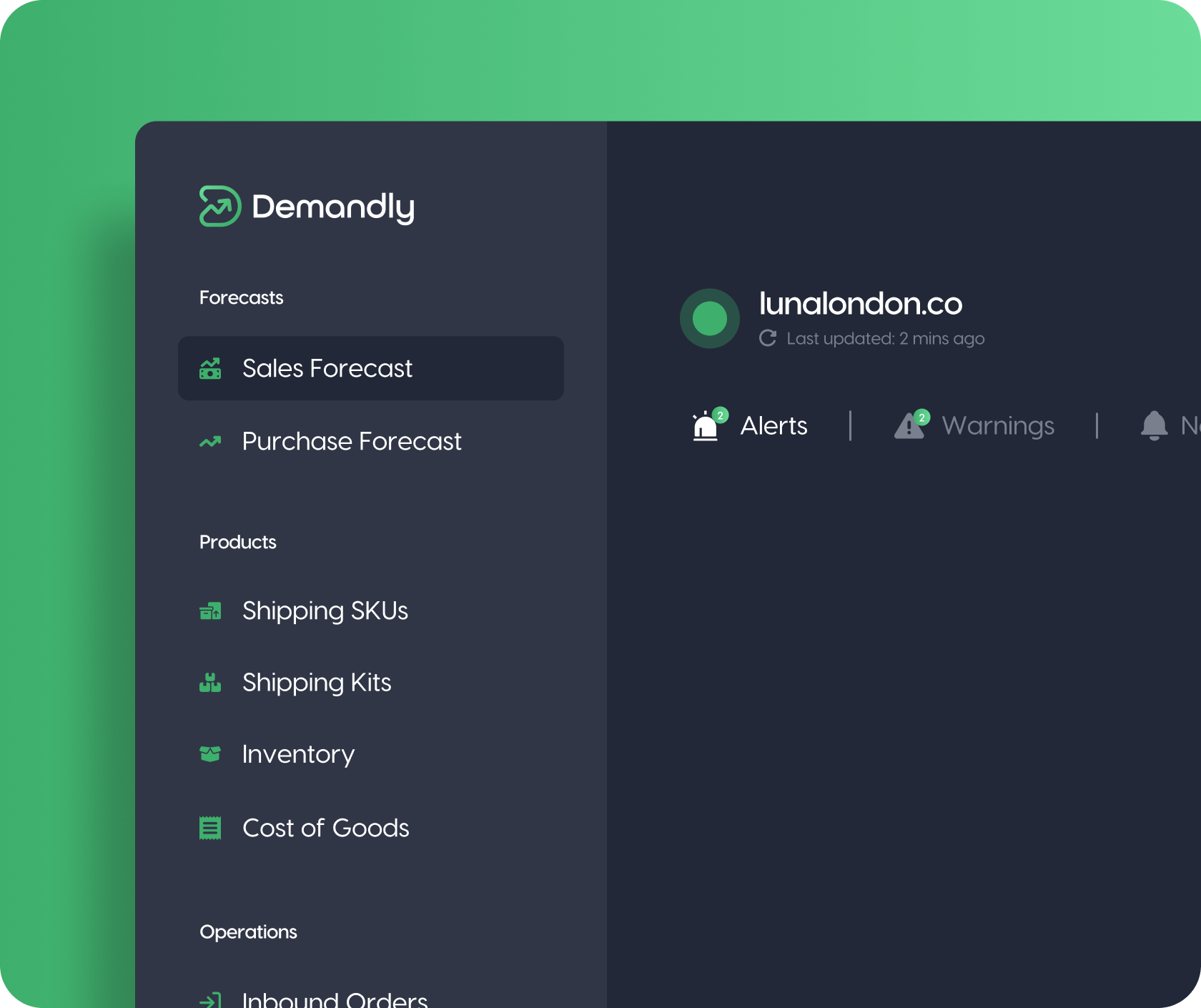 Demandly sidebar menu showing various sections including forecasts, products, and operations.