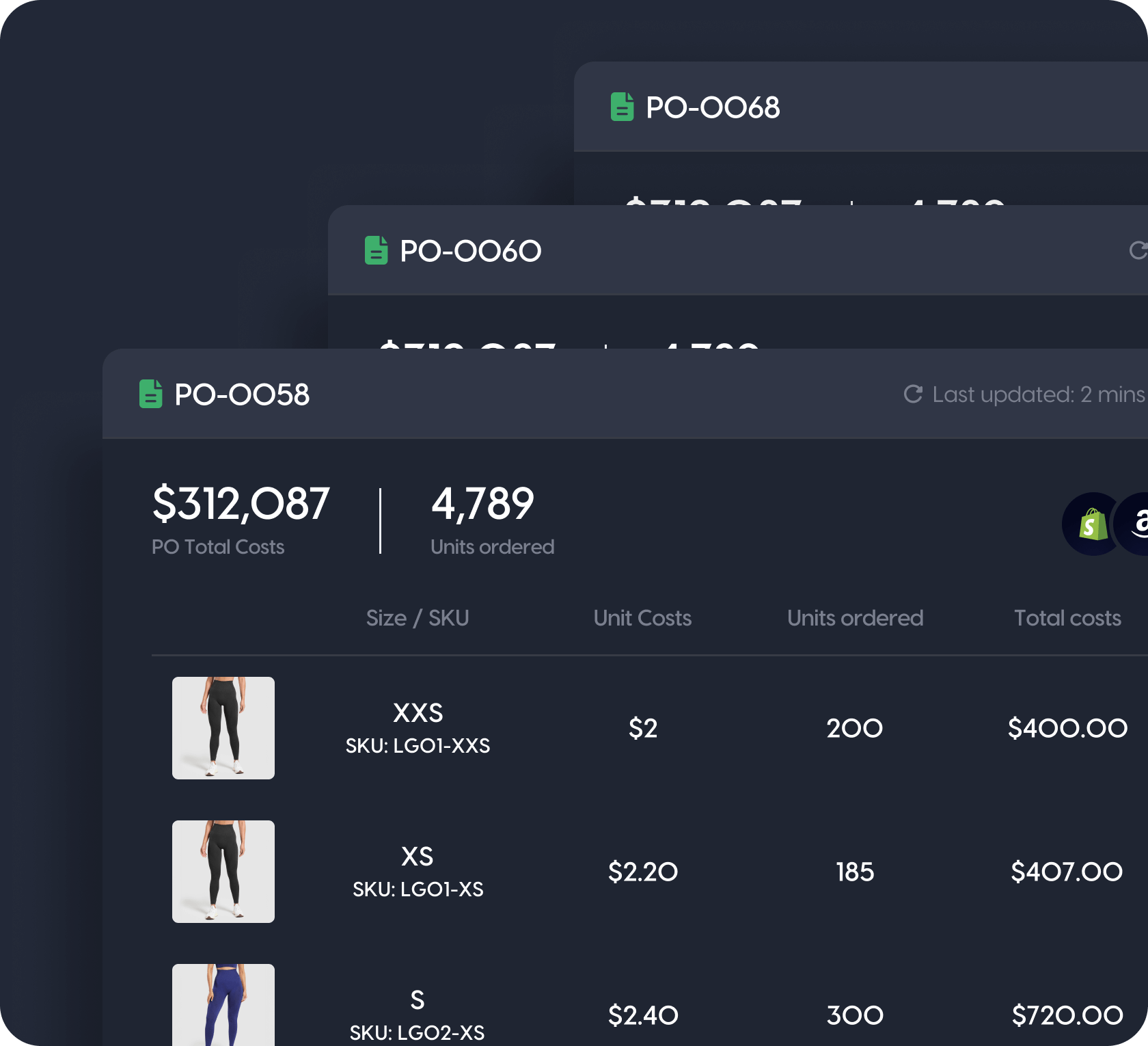 A purchase order interface showing product details and costs