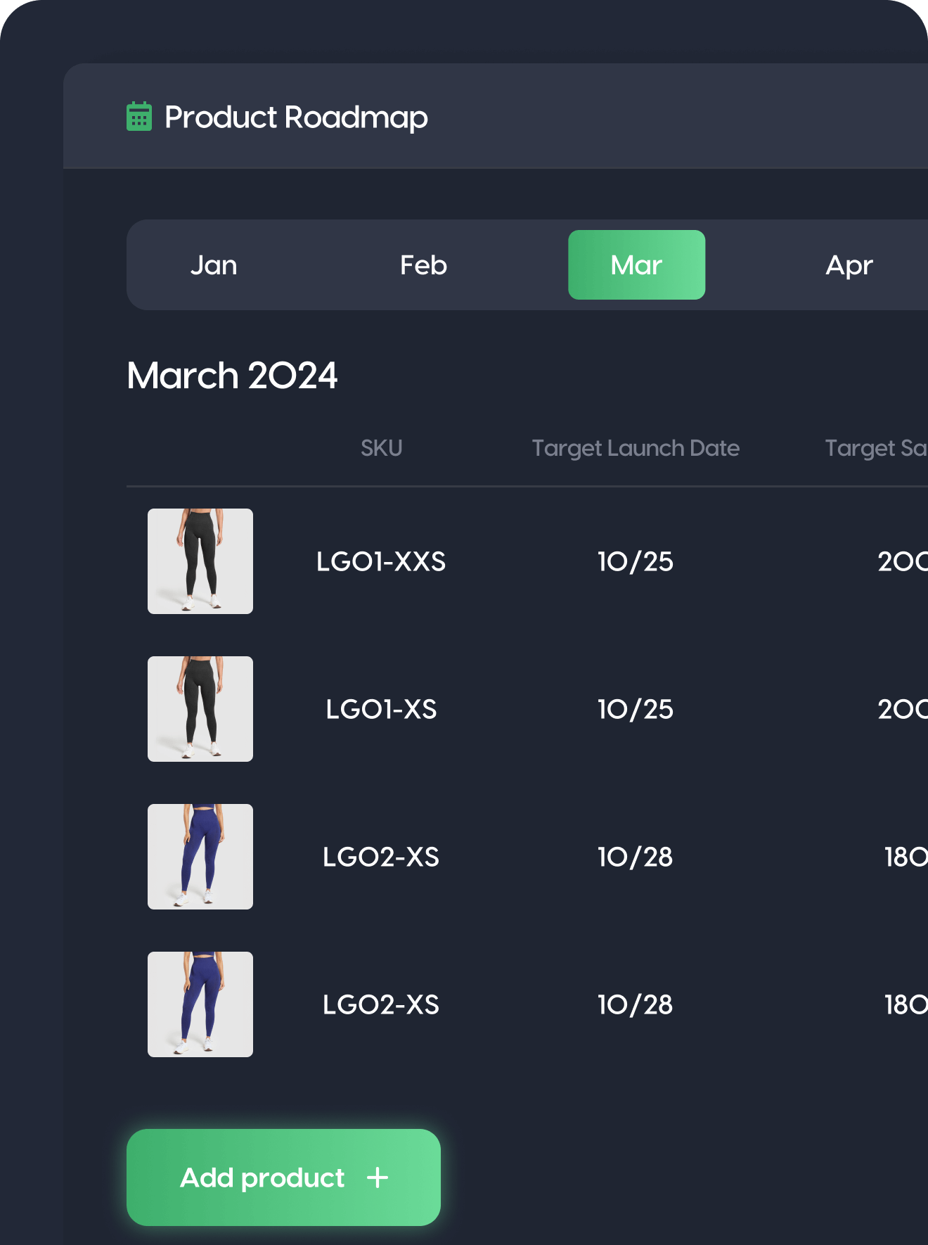 Product roadmap dashboard showing upcoming gym apparel launches with performance metrics