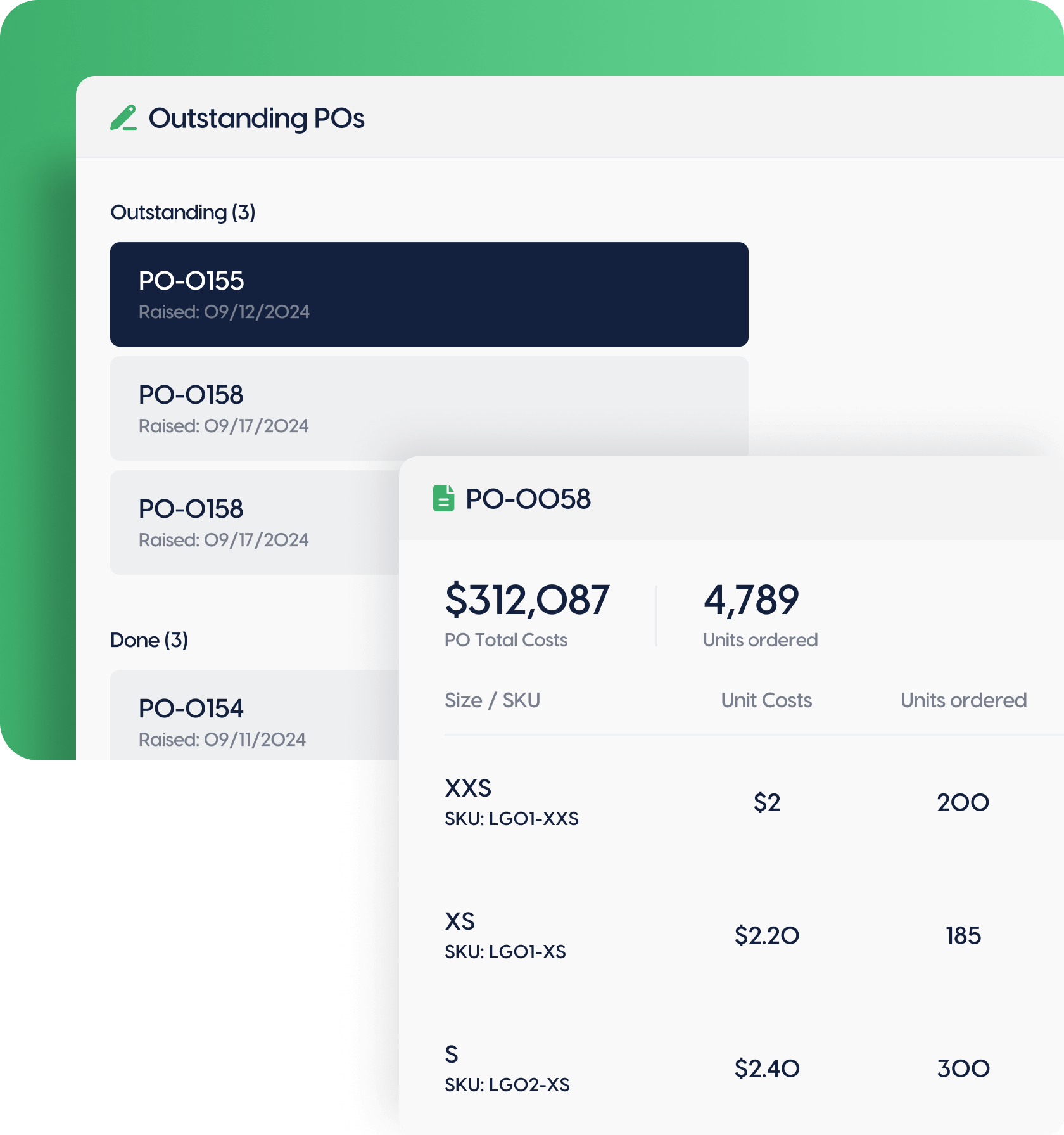 Purchase order list with details panel showing order costs and quantities.