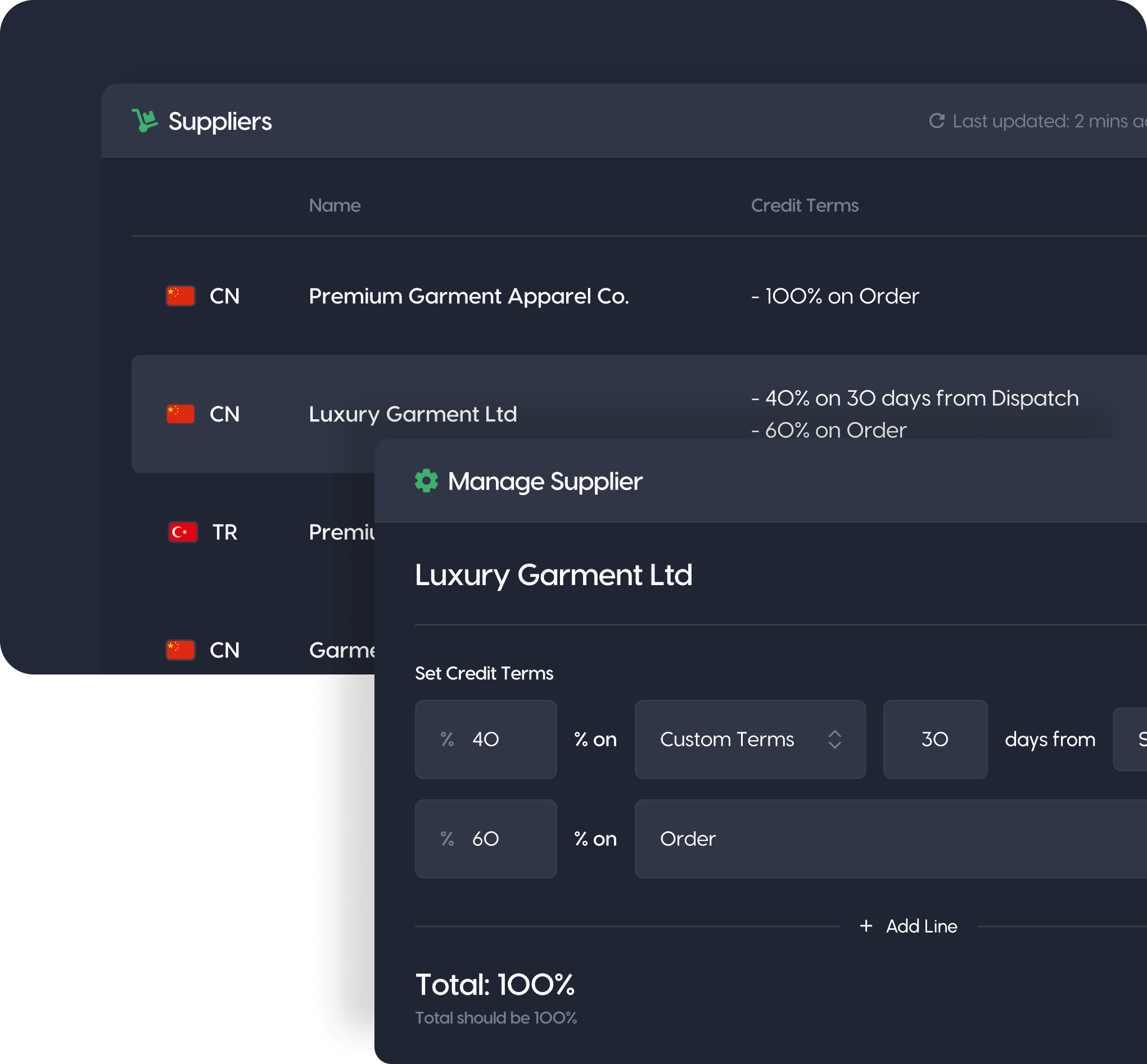 Supplier management interface showing garment manufacturers and payment terms.