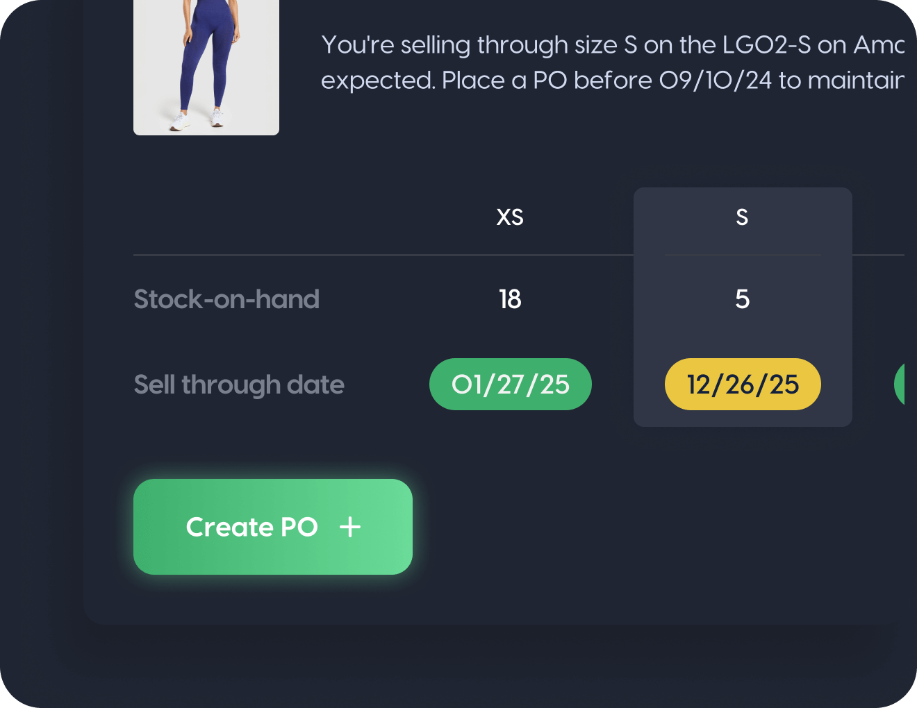 Stock alert screen showing inventory levels and sell-through dates for leggings, with create purchase order button.