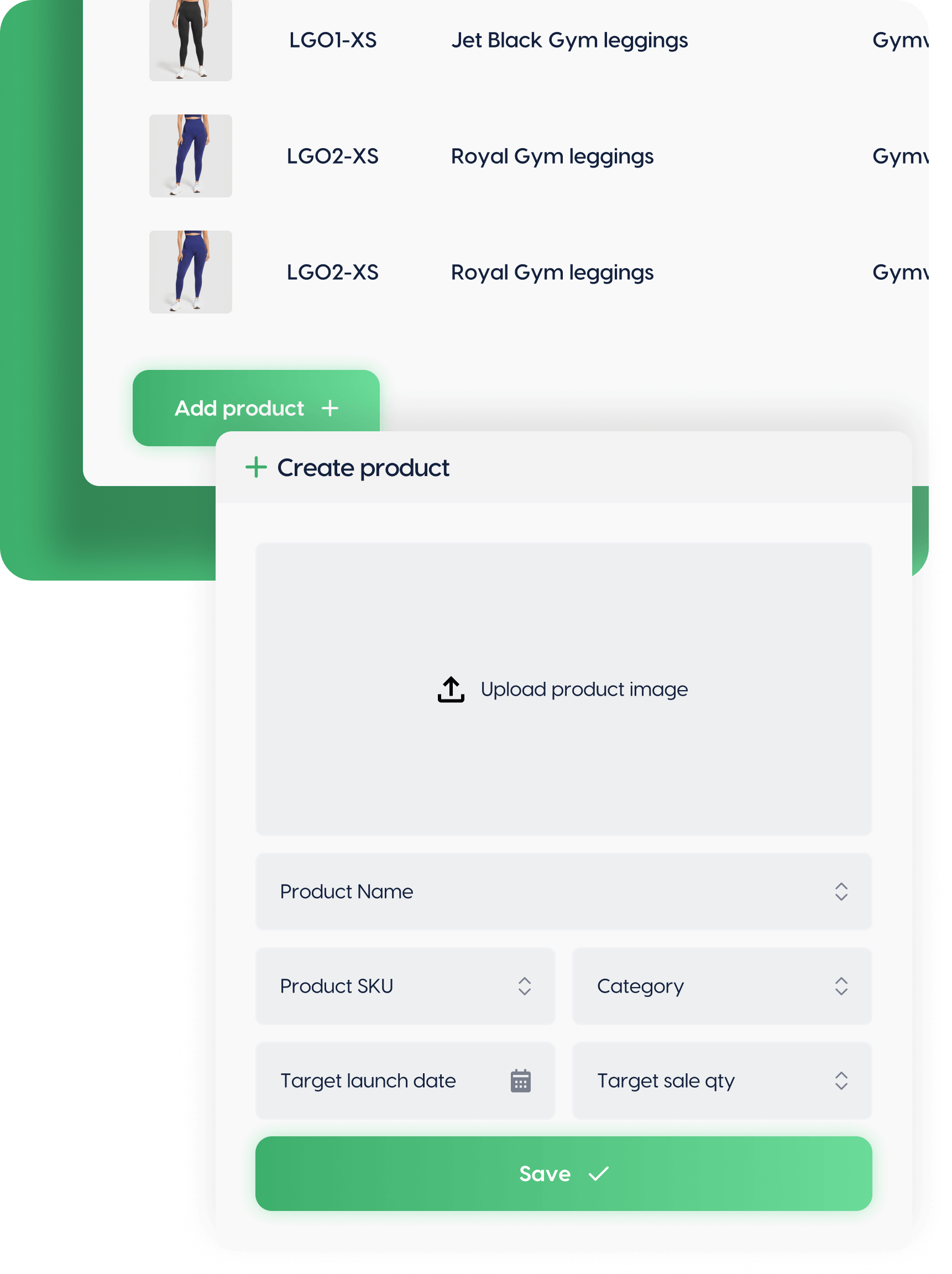 New product creation form with fields for uploading image, product name, SKU, category, launch date and target sales