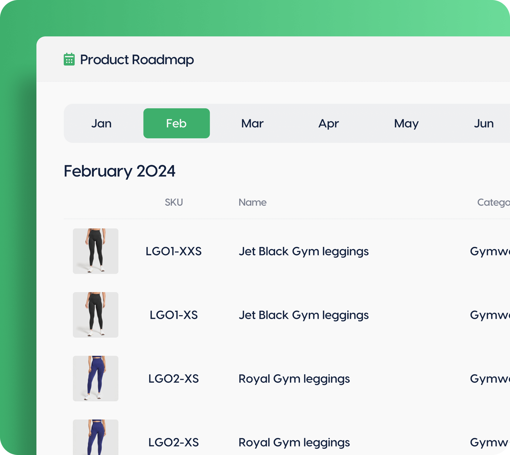 Product roadmap interface showing February 2024 tab with gym leggings listings