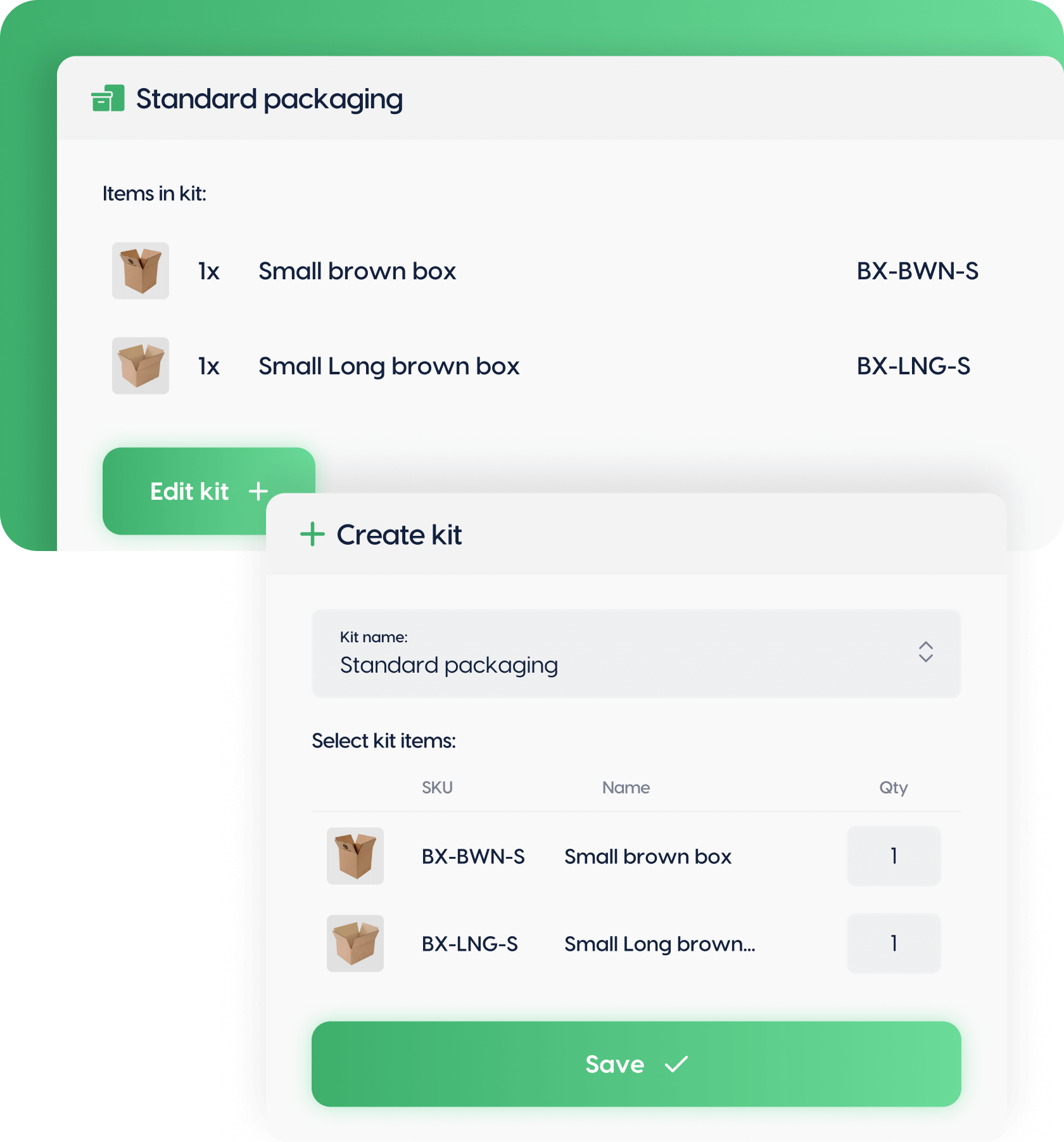 Standard packaging kit interface showing items list and create/edit kit options