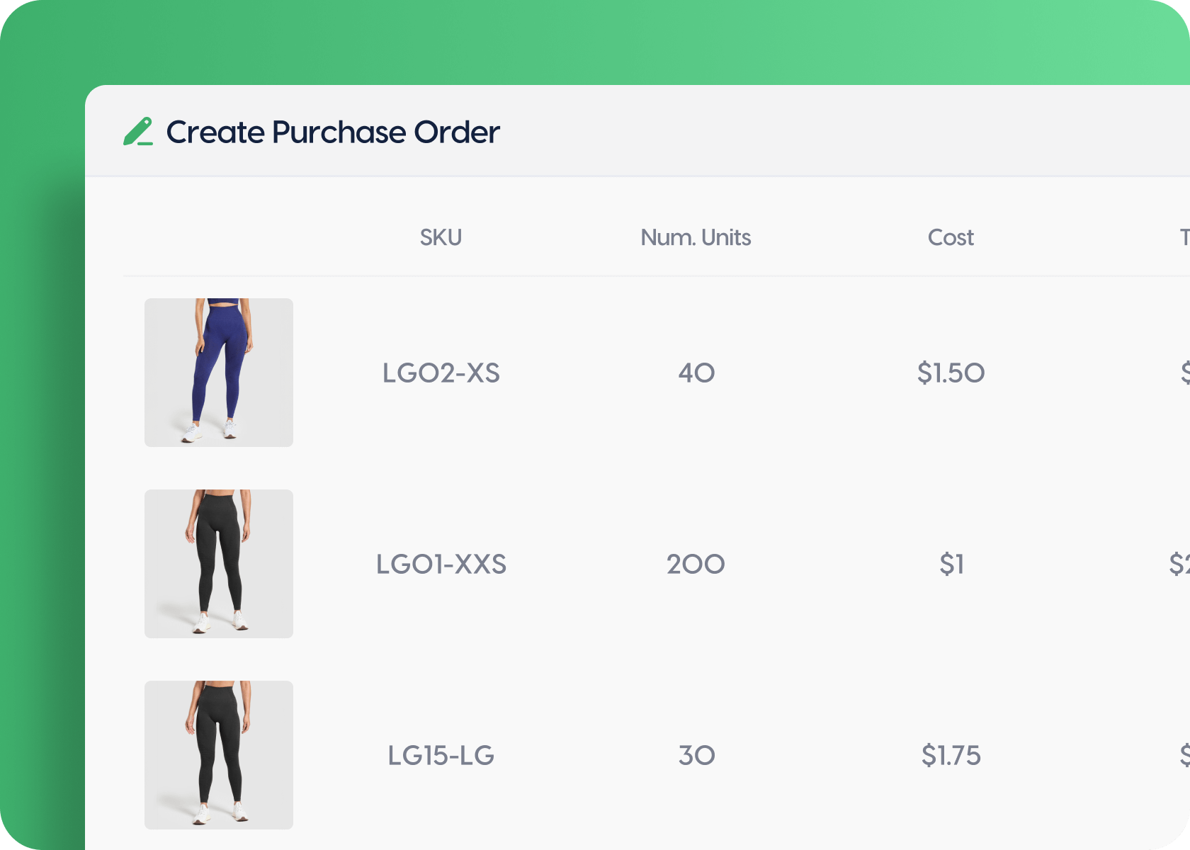 Purchase order form showing leggings products with SKUs, quantities and costs.